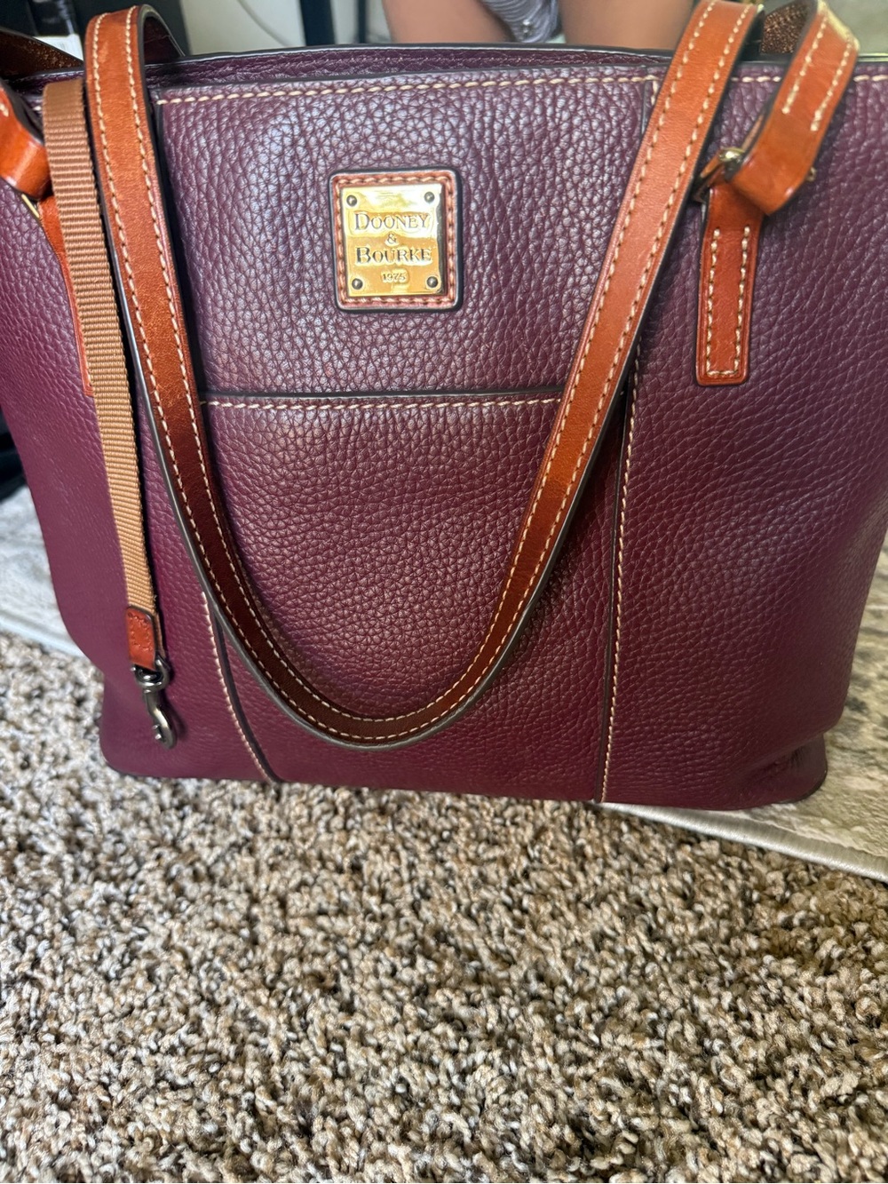 Dooney & Bourke Burgundy Pebbled Leather Shoulder Tote with Tan Trim